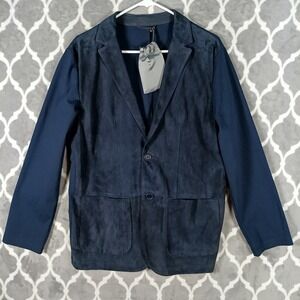 Gimos Italy Hybrid Blazer Men Large Navy Blue Leather Front Jacket Stretch Knit
